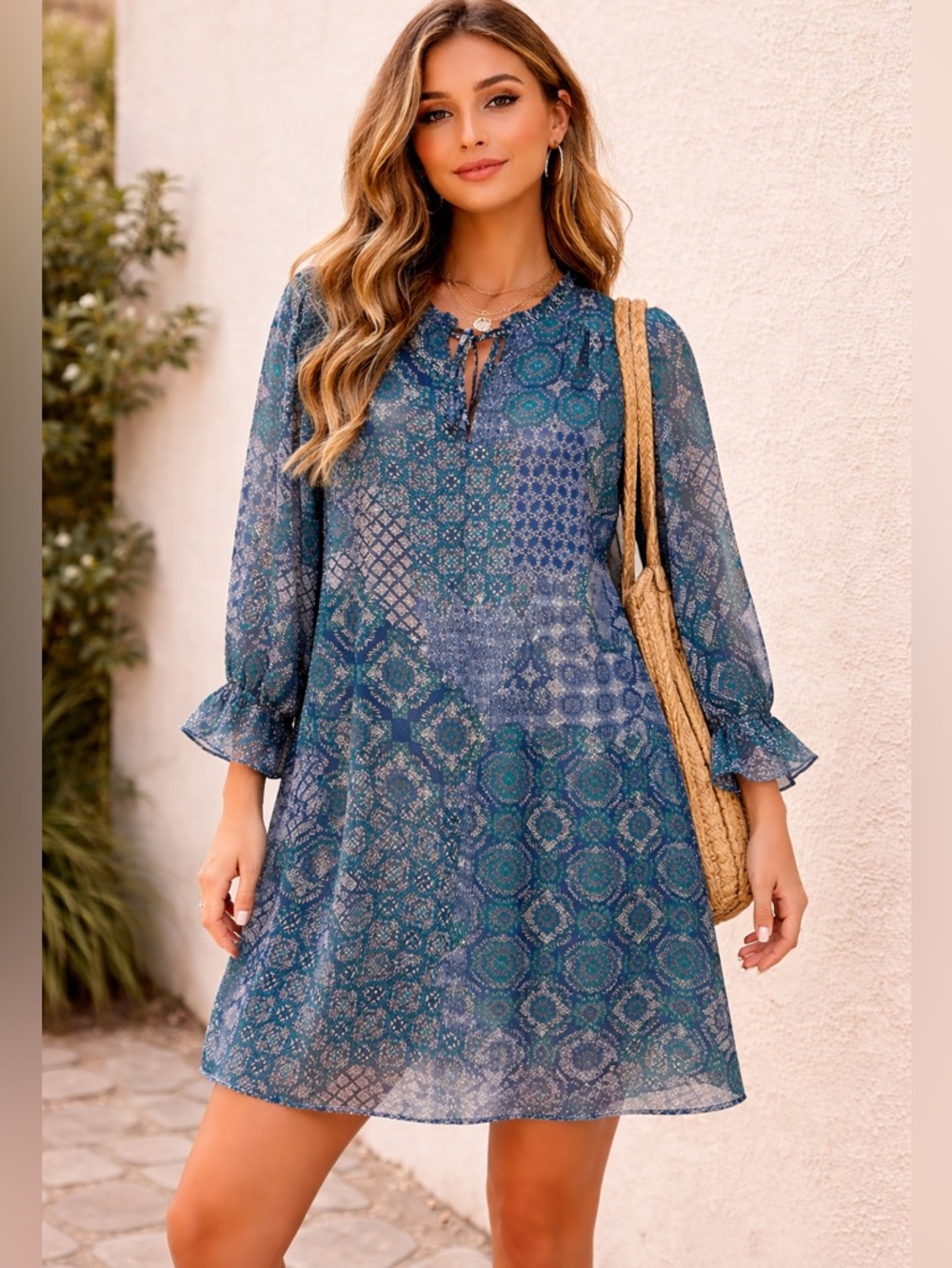 Jessica Howard Plus Size 14W Sheer Boho Dress Tunic Blue Green Print Long Sleeve